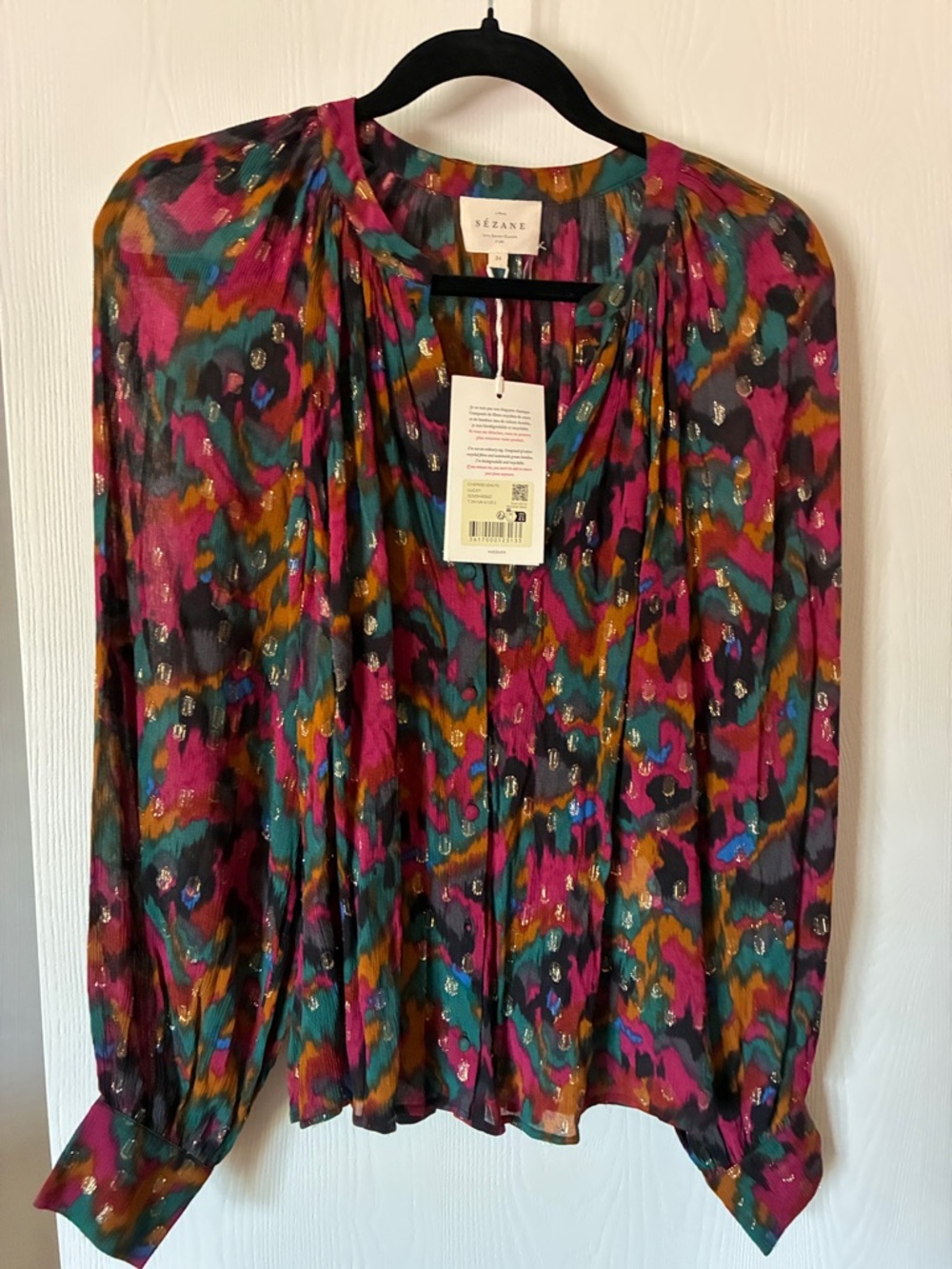 Sezane Teal Pink Black Metallic-Thread Printed Blouse, NWT, size 2 US